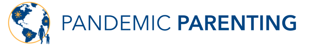 Pandemic Parenting logo, which features a yellow and blue globe paired with a mother holding her child's hand, then the words 