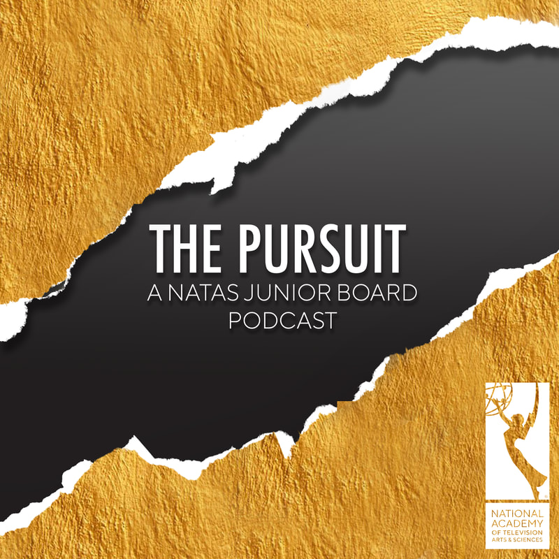 The Pursuit Podcast Logo is a black background framed by ripped gold foil. It has the National Academy of Television Arts & Sciences logo in the lower corner and the white text in the middle states, 